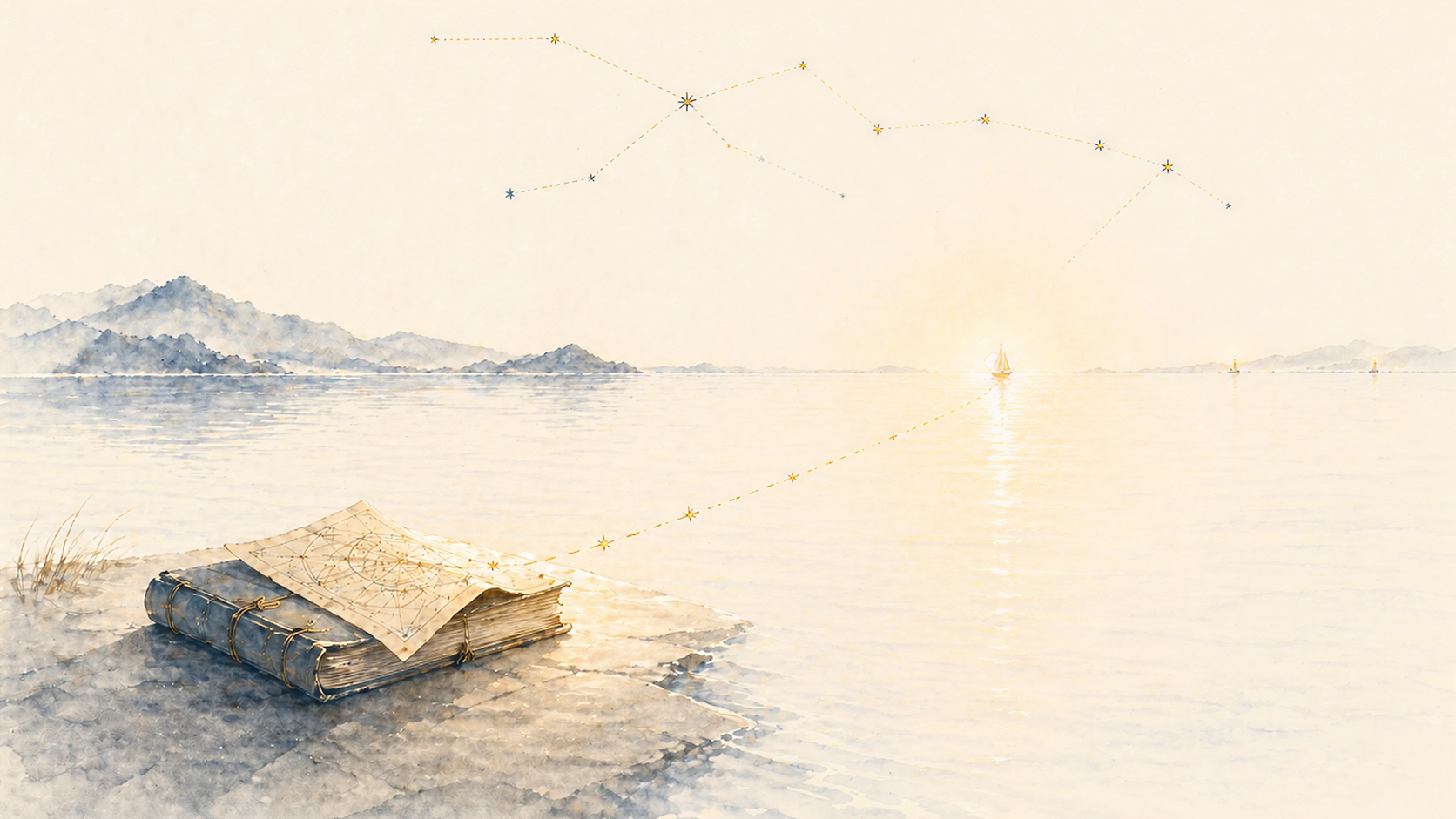 A watercolor scientific seascape where a bright horizon, faint instruments, and constellation lines converge into a navigable arrival point.
