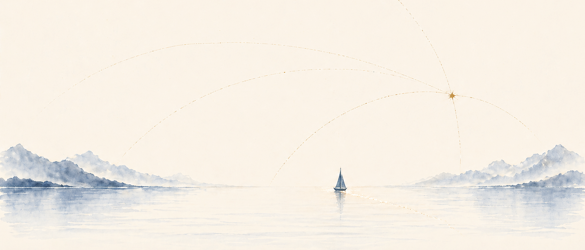 A quiet closing watercolor plate echoing the opening horizon, with borrowed light continuing forward.