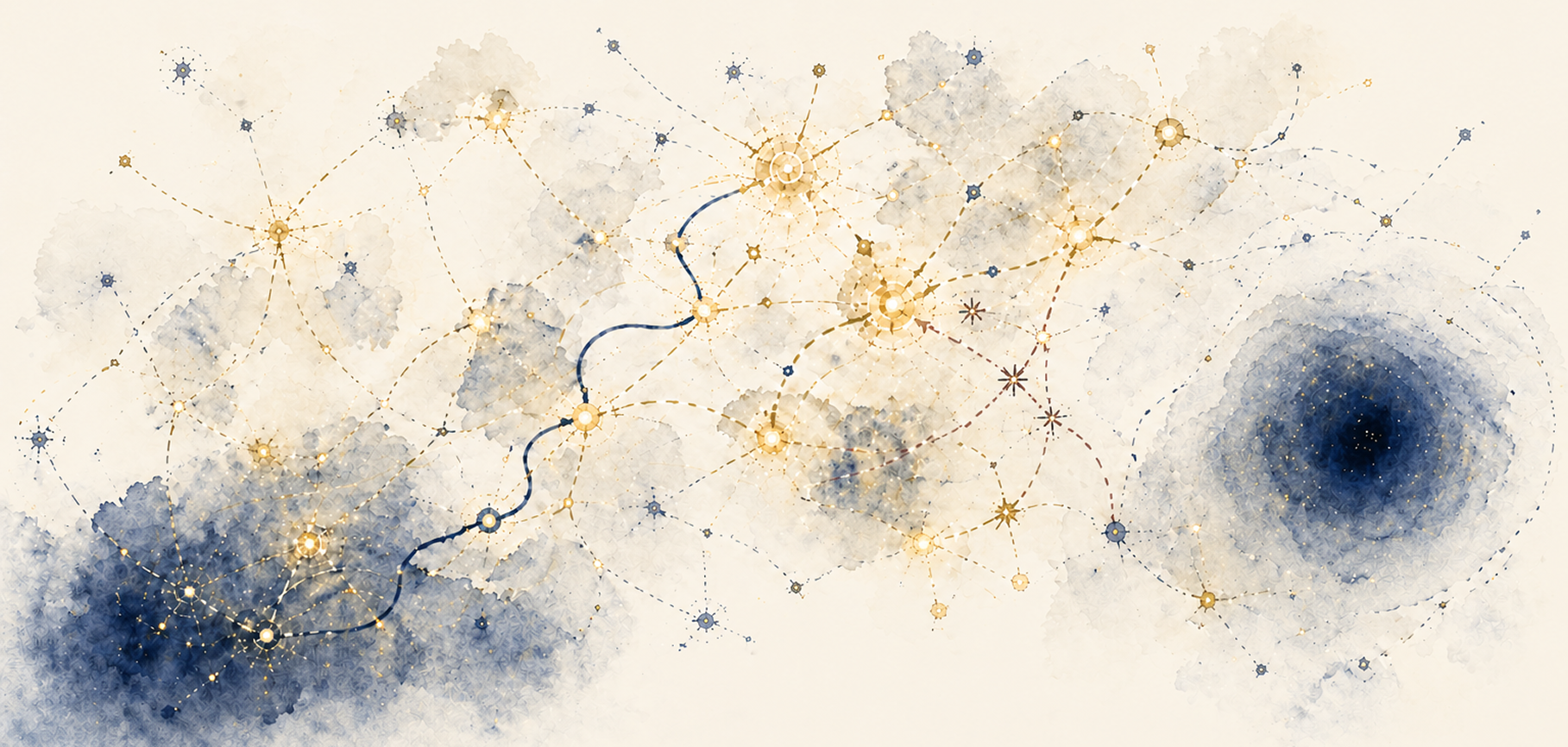 A watercolor field of navy and gold constellation nodes connected by dotted arcs across pale paper, with dense clusters and open regions suggesting a navigable scientific map.