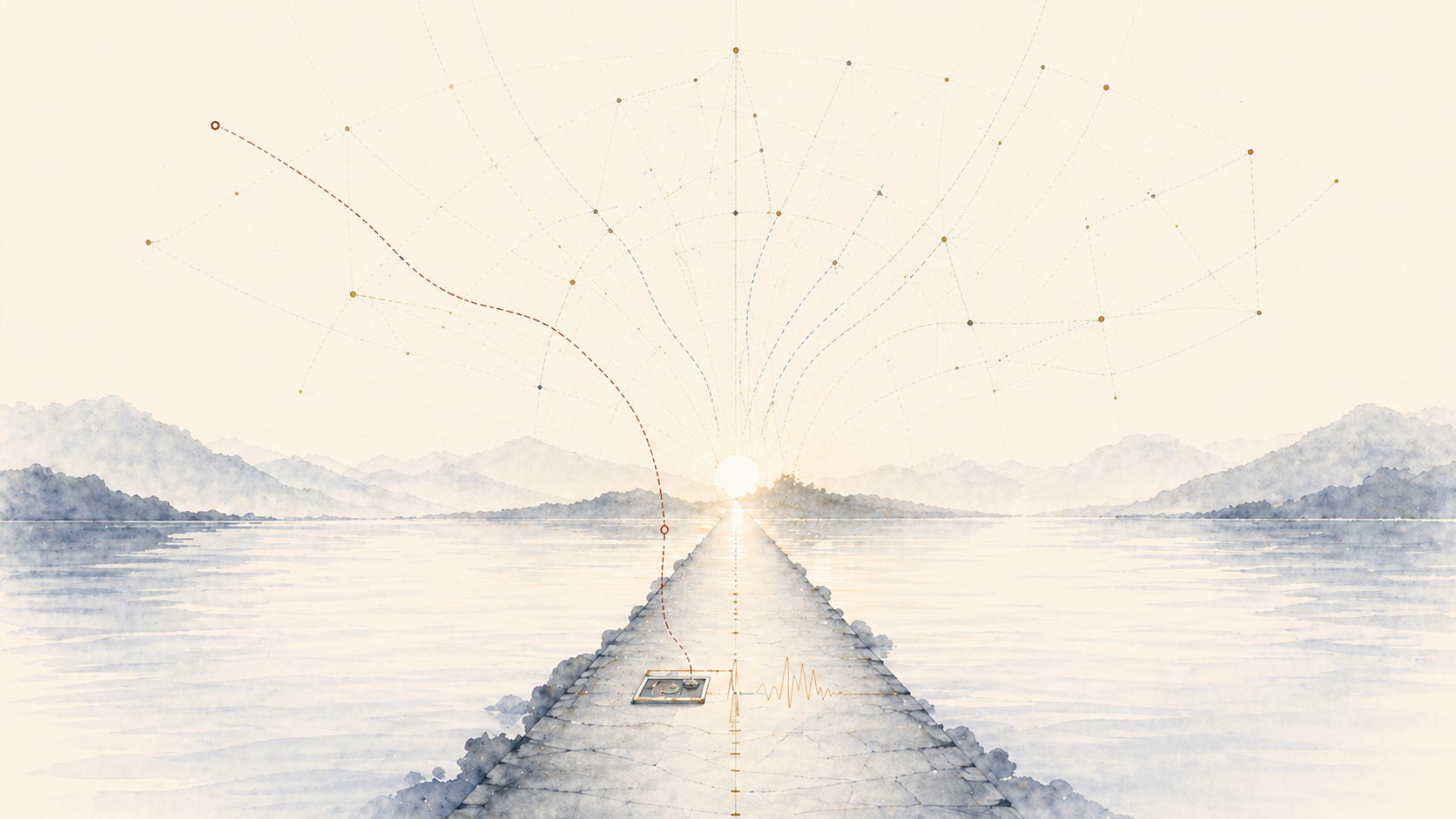 A watercolor scientific corridor where instruments, protocols, measurements, and faint constellation lines converge into a lived encounter with reality.