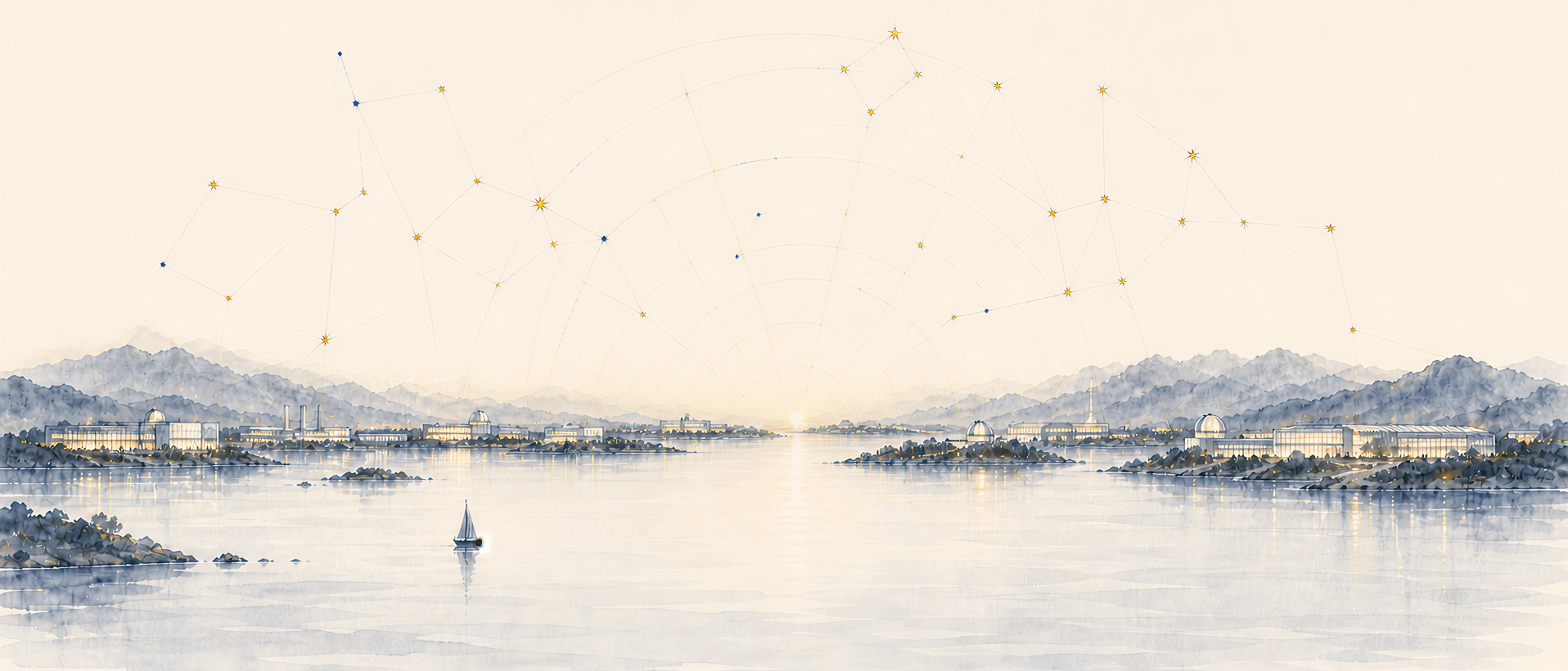 A quieter closing watercolor of the gigafactory complex at evening, the buildings warmly lit and reflected in the calm bay, mountains beyond, constellation dots above, a small sailboat in the foreground.