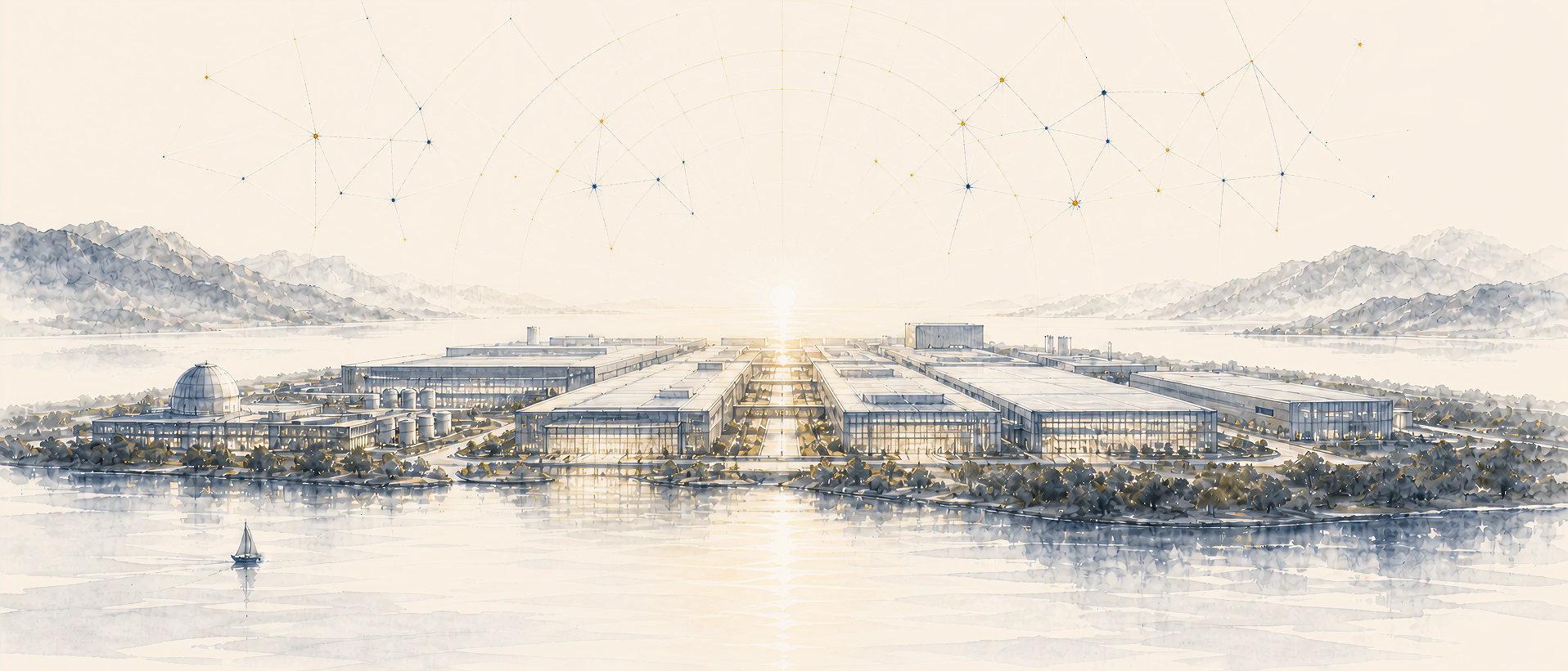 A quiet watercolor vista of a vast scientific gigafactory complex at dusk, seen from across calm water with distant mountains. Warm gold light radiates from the central building, faint constellation dots float above the dusk sky, and a small boat drifts in the foreground.