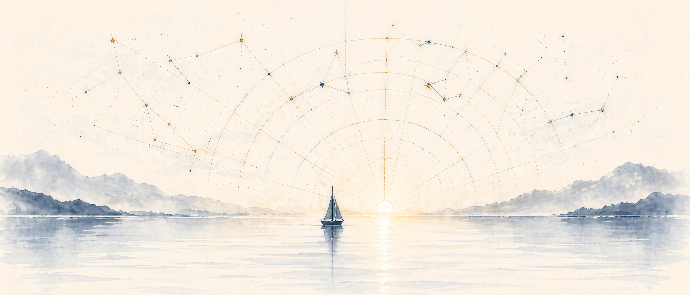 A quiet watercolor horizon over still water, with a small sailboat beneath delicate constellation arcs.