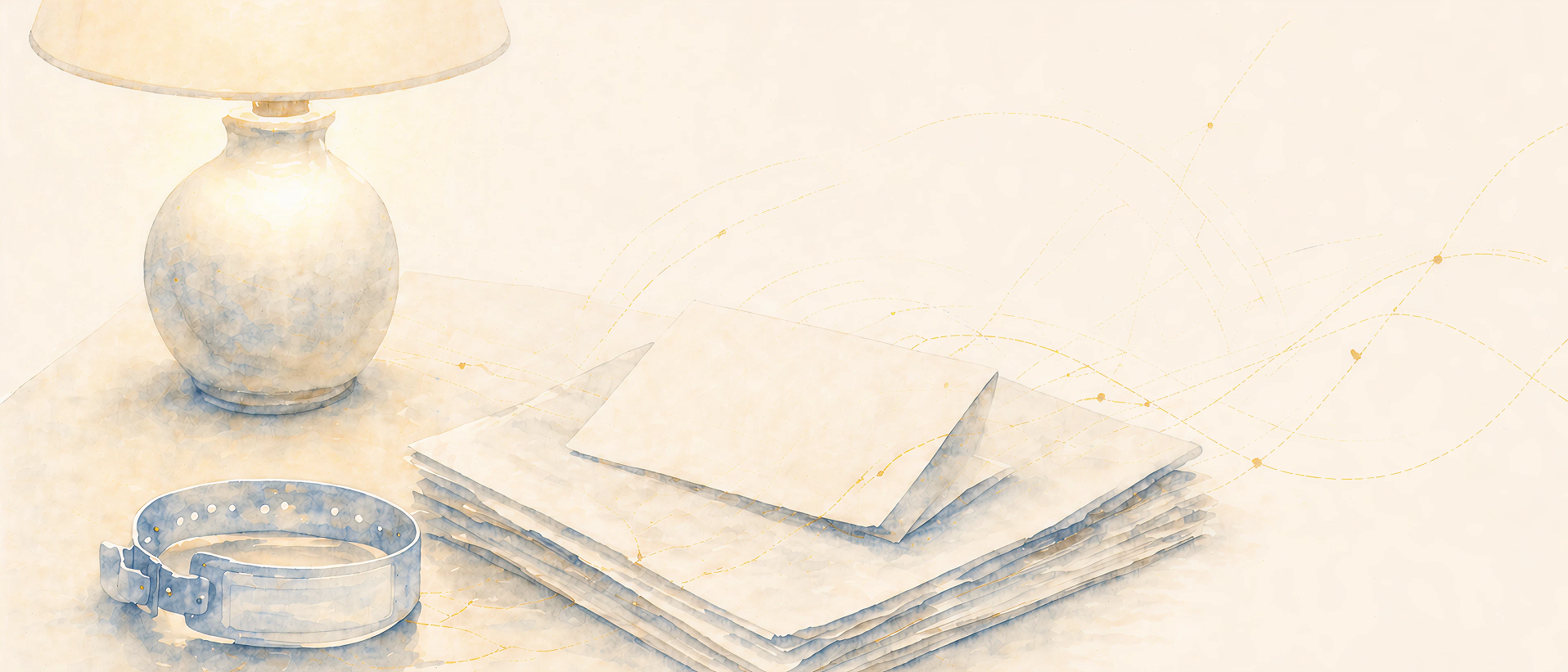 A quiet watercolor hospital bedside with anonymous medical records and wristbands on a table. A warm lamp dissolves into navy and gold stars, which become faint constellation lines and navigational arcs.