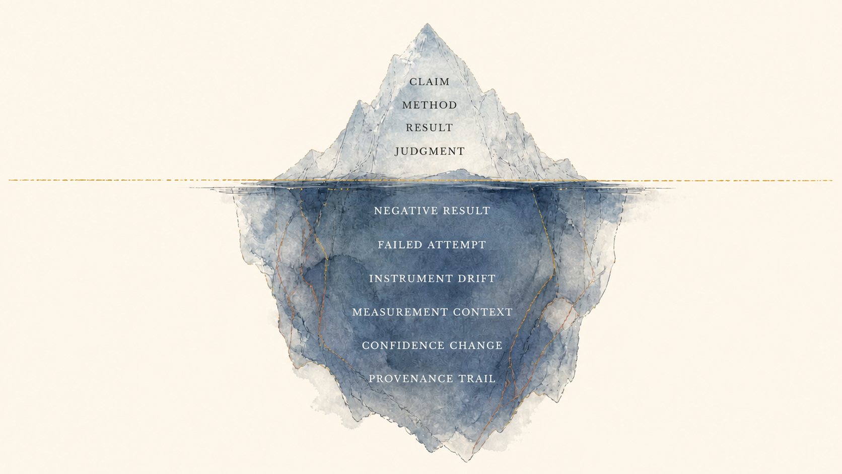 A watercolor cross-section of an iceberg. Above the waterline, a small bright tip carries the labels claim, method, result, judgment. Below the waterline, a much larger submerged mass carries six labels: negative result, failed attempt, instrument drift, measurement context, confidence change, provenance trail.