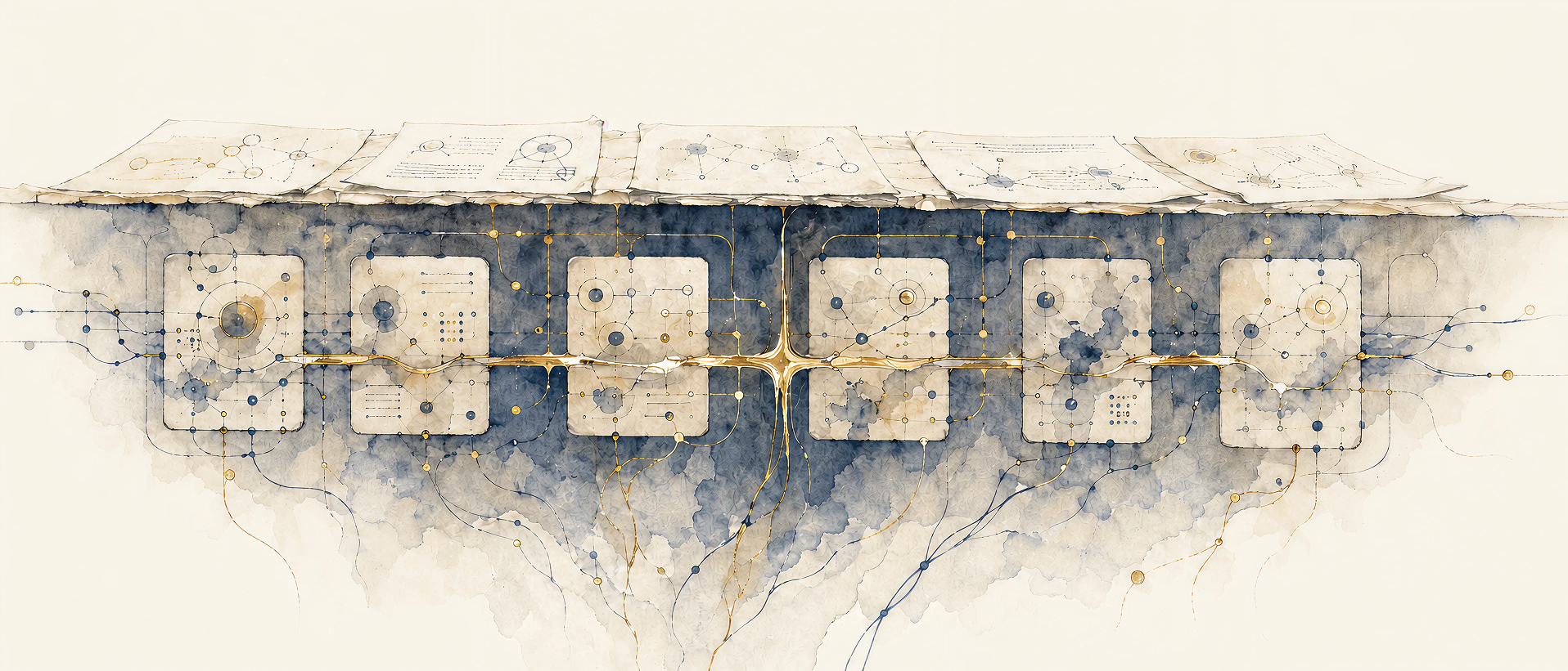 A watercolor cross-section of scientific papers and structured records connected by navy and gold lines beneath the surface, suggesting a shared substrate for scientific state.